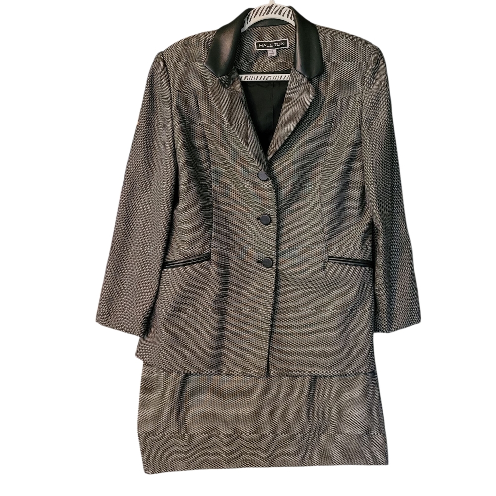 HALSTON 2 piece women's suit with vegan leather accents- 14.      G86